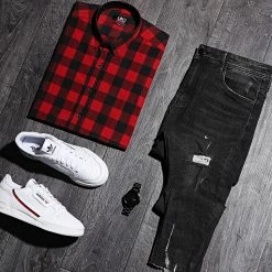 Vente flash 🔔 Chemise Manches Longues Slim Fit 159 Carreaux Noir Rouge de LBO 🔔 -France LBO Soldes Boutique lbo 103638 FAB SHALBO 159 20200306T150323 05