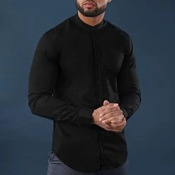 Grosses soldes 😍 Chemise Manches Longues Col Mao Slim Fit 403 Noir de LBO ❤️ -France LBO Soldes Boutique lbo 136701 FAB SHALBO 403 20200319T150132 05