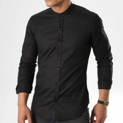 Grosses soldes 😍 Chemise Manches Longues Col Mao Slim Fit 403 Noir de LBO ❤️