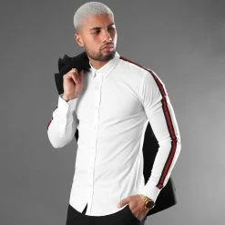 Meilleur prix 👏 Chemise Manches Longues Avec Bandes Slim Fit 461 Blanc de LBO ✔️ -France LBO Soldes Boutique lbo 141841 FAB SHALBO 461 TPDT 20201216T094214 06