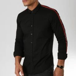 Sortie 👏 Chemise Manches Longues Avec Bandes Slim Fit 543 Noir de LBO 👏 -France LBO Soldes Boutique lbo 155896 FAB SHALBO 543 20181026T165333 04
