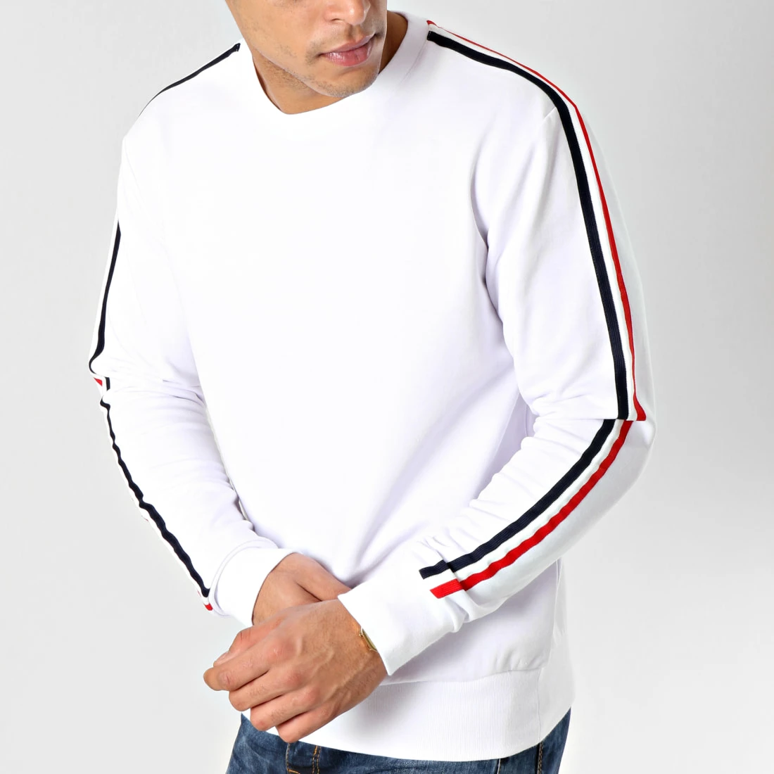 De gros ⌛ Sweat Crewneck Avec Bandes Bleu Blanc Rouge 580 Blanc de LBO ✨ 3 De gros ⌛ Sweat Crewneck Avec Bandes Bleu Blanc Rouge 580 Blanc de LBO ✨