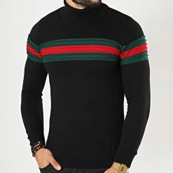 Acheter 👏 Pull Col Roulé Avec Bande Vert Et Rouge JUM-11 Noir de LBO ✨
