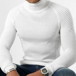 Remise 🥰 Pull Col Roulé Avec Empiecement JUM-14 Blanc de LBO ⌛