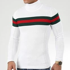 Meilleur prix 🥰 Pull Col Roulé Slim Fit Avec Bande Vert Et Rouge JUM-28 Blanc de LBO 😉