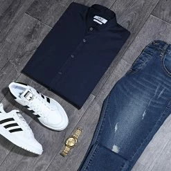 Meilleure vente 🔔 Chemise Manches Longues Col Mao Slim Fit 971 Bleu Marine de LBO 💯 -France LBO Soldes Boutique lbo 204584 FAB SHALBO 971 20191227T081842 05