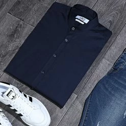 Meilleure vente 🔔 Chemise Manches Longues Col Mao Slim Fit 971 Bleu Marine de LBO 💯 -France LBO Soldes Boutique lbo 204584 FAB SHALBO 971 20191227T081908 06