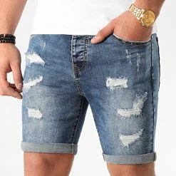 Budget ⌛ Short Jean Avec Dechirures B77005 Bleu Medium de LBO 💯