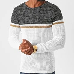 Acheter ⌛ Pull Tricolore JUM-39 Blanc Noir Chiné Marron de LBO 🧨 -France LBO Soldes Boutique lbo 222375 FAB LBO 1006 JUM 39 20200811T120544 03