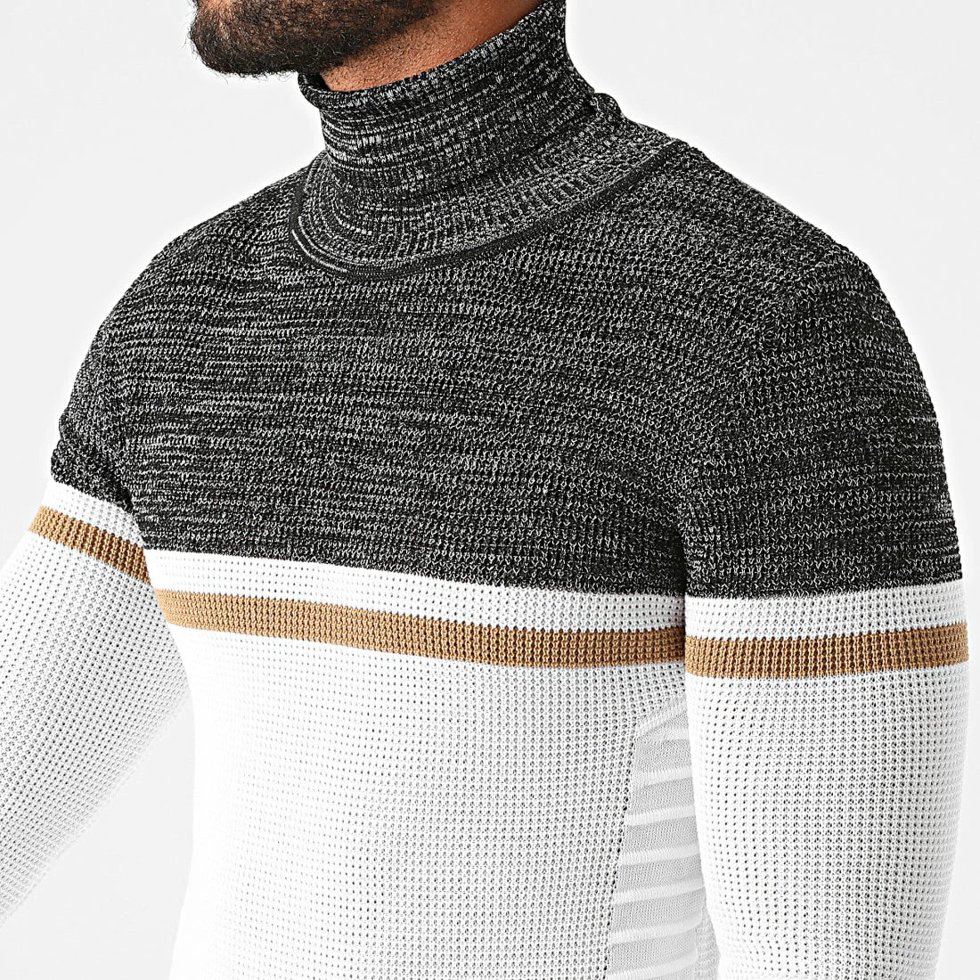 De gros ⭐ Pull Col Roulé Tricolore JUM-40 Blanc Noir Chiné Marron de LBO 🎉 4 De gros ⭐ Pull Col Roulé Tricolore JUM-40 Blanc Noir Chiné Marron de LBO 🎉 – Image 2