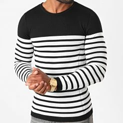 Coupon 👏 Pull Slim Fit A Rayures JUM-45 Noir Blanc de LBO 😉