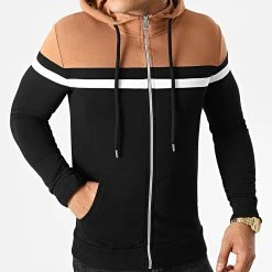 Remise ❤️ Sweat Capuche Zippé Tricolore 1312 Noir Camel Blanc de LBO 🤩