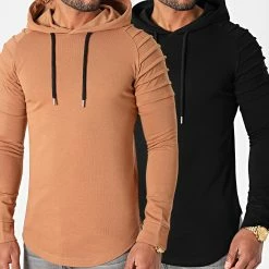Offres 🛒 Lot De 2 Sweats Capuche Oversize 1286 Noir Et Camel de LBO ⌛