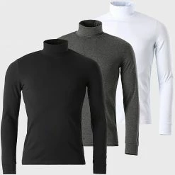 Le moins cher 🔥 Lot De 3 Tee 👚 Shirt Col Roulé Manches Longues Uni 1340 Noir Gris Anthracite Blanc de LBO 👏