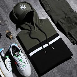 Budget 🔔 Sweat Capuche Slim Fit Tricolore 1435 Vert Kaki Noir de LBO 🥰 -France LBO Soldes Boutique lbo 239050 FAB SHALBO 1435 20201110T104624 04