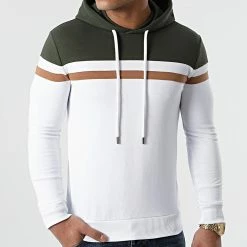 Offres 😀 Sweat Capuche Slim Fit Tricolore 1436 Vert Kaki Blanc de LBO 🥰