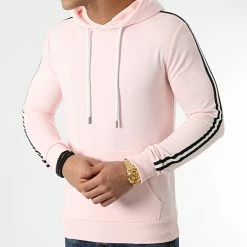 Nouveau 🛒 Sweat Capuche Avec Bandes Noir Blanc 1591 Rose Pale de LBO 🧨