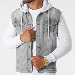 Bon marché 💯 Veste Jean A Capuche 1528 Gris Denim Gris Clair de LBO 🌟
