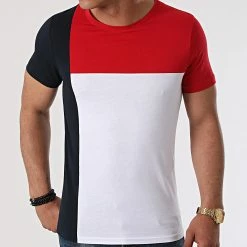 De gros 🎁 Tee 👕 Shirt Bande Tricolore 1621 Blanc Bleu Marine Rouge de LBO 😍
