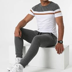 Meilleure vente ✨ Ensemble Tee 👕 Shirt Pantalon Jogging Tricolore 1753 Gris Camel Blanc de LBO 👍