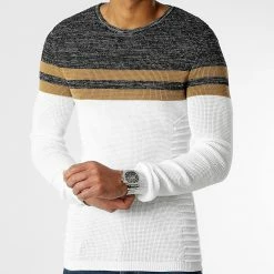 Top 10 😀 Pull Tricolore 0079 Noir Chiné Camel Blanc de LBO ❤️