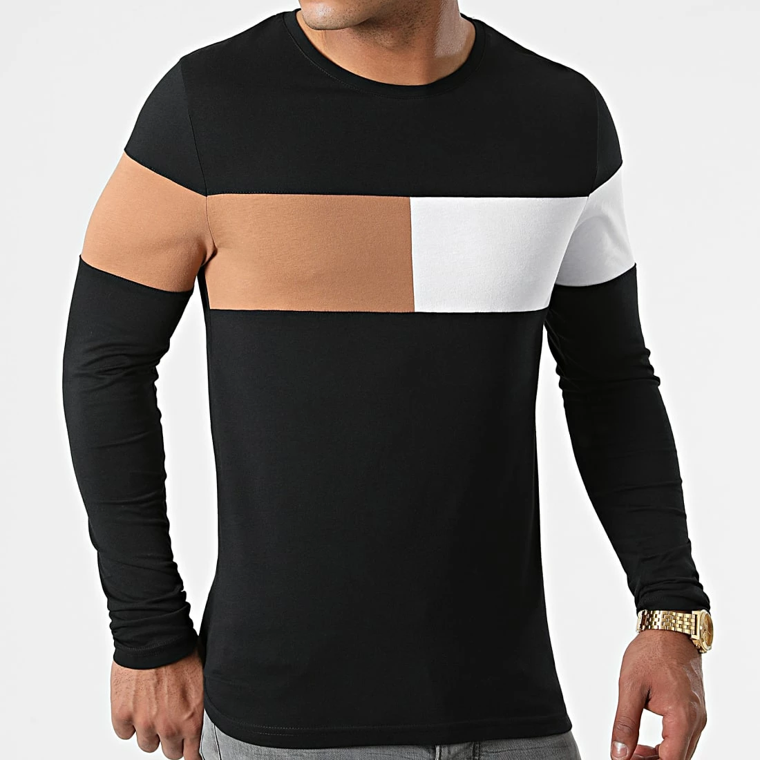 Promo 😍 Tee 👚 Shirt Manches Longues Empiècement Bicolore 1803 Noir Camel de LBO ✨ 3 Promo 😍 Tee 👚 Shirt Manches Longues Empiècement Bicolore 1803 Noir Camel de LBO ✨