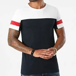 Vente flash ⭐ Tee 👕 Shirt Bicolore Avec Bandes 1643 Bleu Marine Blanc de LBO 🛒