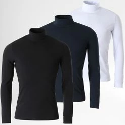 Vente flash 😍 Lot De 3 Tee 👚 Shirts Col Roulé Manches Longues Unis 1991 Noir Bleu Marine Blanc de LBO ✨