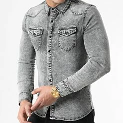 Promo 🔥 Chemise Jean Manches Longues 867 Gris Denim de LBO 👍