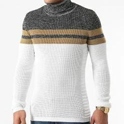 Tout neuf 👏 Pull Col Roulé Tricolore 0107 Noir Chiné Camel Blanc de LBO 🎉