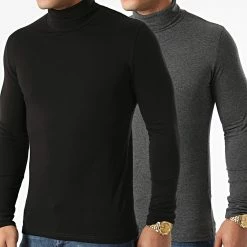 De gros 🎁 Lot De 2 Tee 👚 Shirts Col Roulé Manches Longues 2083 Noir Gris Anthracite Chiné de LBO 👏