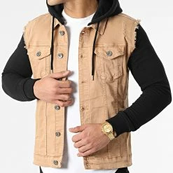 Promo 😉 Veste Jean A Capuche 2051 Noir Denim Camel de LBO 🧨