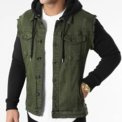 Remise ✨ Veste Jean A Capuche 2052 Noir Denim Vert Kaki de LBO 🎁