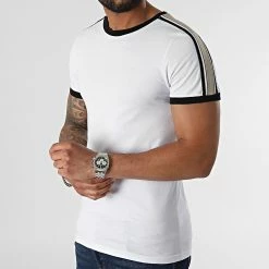 Grosses soldes 🔔 Tee 👕 Shirt Ringer Avec Bandes Beige 2145 Blanc de LBO 🔔