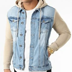 Meilleure affaire 🔔 Veste Jean A Capuche 2259 Bleu Denim Beige de LBO 😀