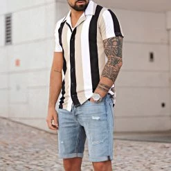 Acheter 🔔 Chemise Manches Courtes A Rayures 2371 Noir Blanc Beige de LBO 👏 -France LBO Soldes Boutique lbo 304403 FAB SHALBO 2371 20220615T122310 05