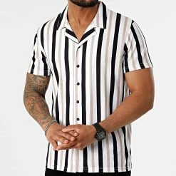 Sortie ❤️ Chemise Manches Courtes A Rayures 2372 Noir Blanc Beige de LBO 👏