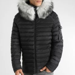 Sortie 🎁 Doudoune Capuche Ultralight Avec Fourrure Grise 0051 Noir de LBO 😀