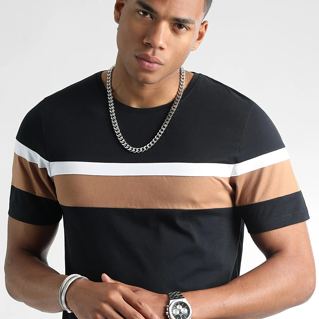 Vente flash 👏 Tee 👚 Shirt Tricolore 2331 Noir Blanc Camel de LBO 💯 4 Vente flash 👏 Tee 👚 Shirt Tricolore 2331 Noir Blanc Camel de LBO 💯 – Image 2