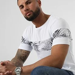 Sortie 😉 Tee 👕 Shirt Bicolore Imprimé Tropical 2333 Blanc de LBO 🤩 -France LBO Soldes Boutique lbo 310473 FAB SHALBO 2333 20220419T145122 02
