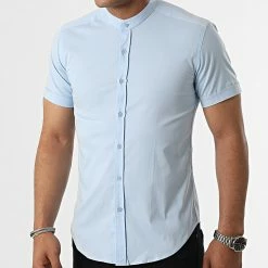 Bon marché 🤩 Chemise Manches Courtes Col Mao Slim Fit 2189 Bleu Clair de LBO 💯