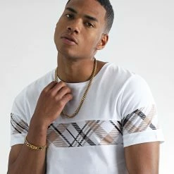 Le moins cher ⭐ Tee 👚 Shirt Bicolore Imprimé Carreaux 2367 Blanc de LBO 🥰 -France LBO Soldes Boutique lbo 314659 FAB SHALBO 2367 20220708T154237 02