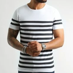 Meilleur prix 🎁 Tee 👚 Shirt A Rayures 2329 Bleu Marine Blanc de LBO ❤️