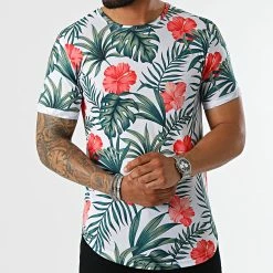 Grosses soldes ⌛ Tee 👕 Shirt Oversize Imprimé Avec Revers 2455 Tropical Blanc Vert de LBO 👍