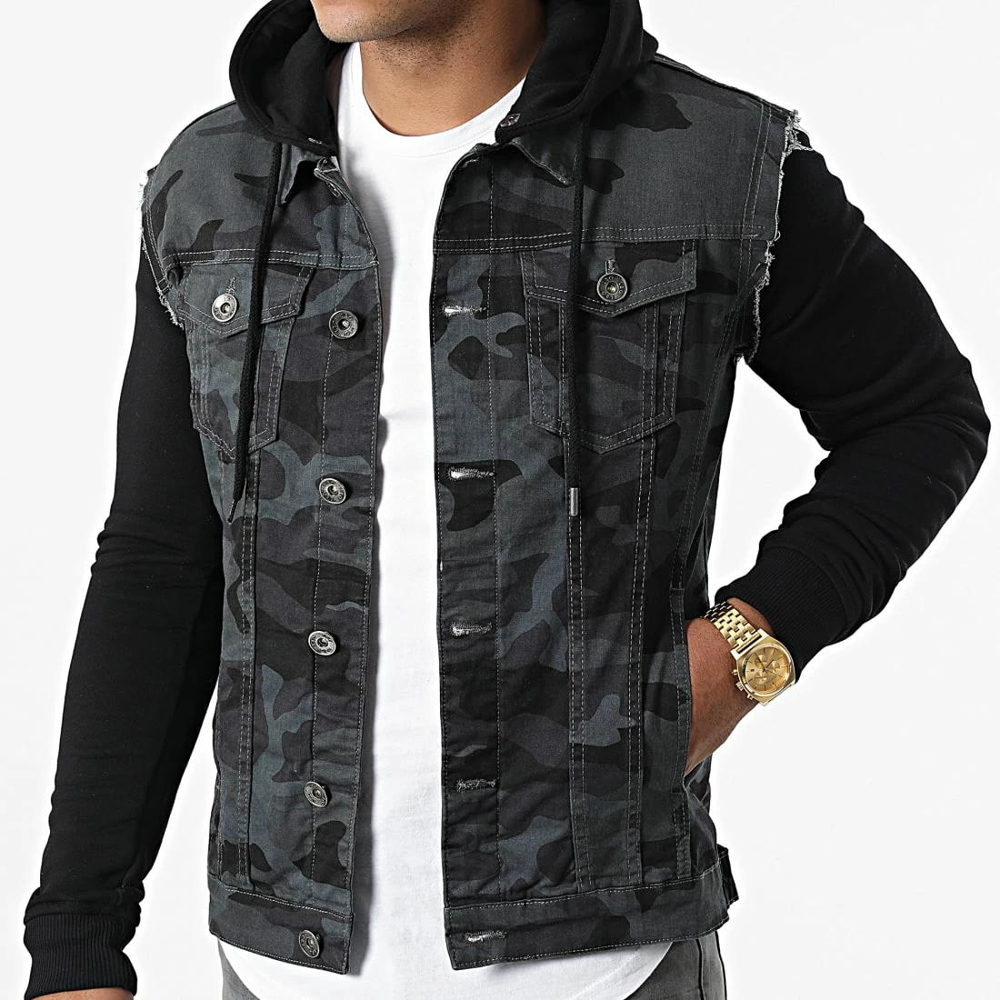 Remise 🧨 Veste Jean A Capuche 2467 Camouflage Noir Gris Anthracite de LBO 💯 5 Remise 🧨 Veste Jean A Capuche 2467 Camouflage Noir Gris Anthracite de LBO 💯 – Image 3