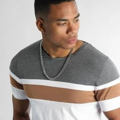 Meilleure vente ⭐ Tee 👕 Shirt Tricolore 2490 Gris Chiné Camel Blanc de LBO 😀 -France LBO Soldes Boutique lbo 318110 SHALBO 2490 20220708T075125 02