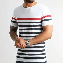 Coupon 👏 Tee 👚 Shirt A Rayures 2493 Blanc Bleu Marine Rouge de LBO 🥰