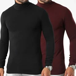 Budget 👍 Lot De 2 Tee 👕 Shirts Col Roulé Manches Longues Unis 2625 Noir Bordeaux de LBO 😀