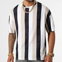 Sortie 🎉 Tee 👚 Shirt Oversize Large A Rayures 2691 Noir Blanc Beige de LBO 😉 -France LBO Soldes Boutique lbo 330056 SHALBO 2691 20220906T150645 03