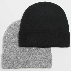 Le moins cher ✔️ Lot de 2 Bonnets Mailles Fines Avec Revers Noir Gris de LBO 😍